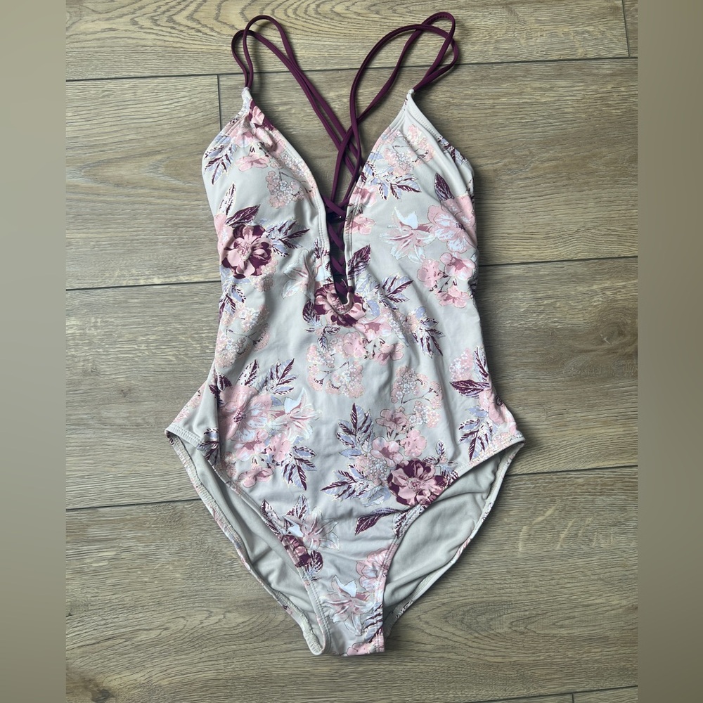 NWT Ambrielle Swim Suit Beige/Maroon Floral Print High Cut Laces Up In The Back